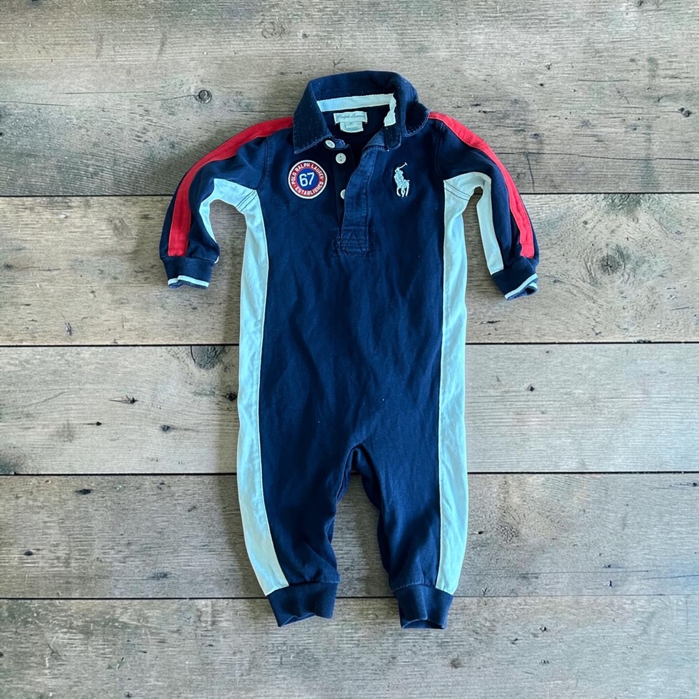 Ralph Lauren Baby Boy Navy Blue Polo Romper One Piece 9M 67 Patch Striped